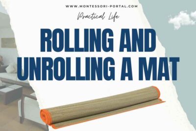 Rolled yoga mat ready for the Montessori practical life activity of rolling and unrolling, set in a serene living space