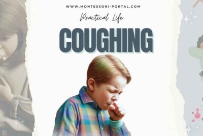 Child demonstrating proper coughing technique in Montessori Practical Life activity.
