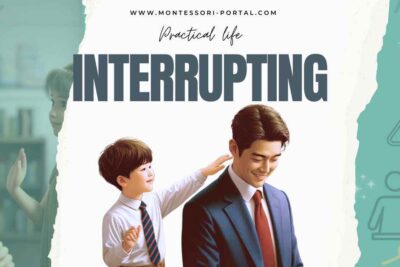Young boy gently touching a man's shoulder to politely interrupt, demonstrating the Montessori Practical Life lesson on respectful communication.