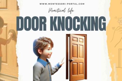 Two young boys practicing how to knock on a door, learning polite social behavior as part of a Montessori Practical Life activity.