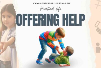 Older child helping a younger child to stand up, illustrating the Montessori Practical Life activity of offering help to promote kindness and empathy among students.