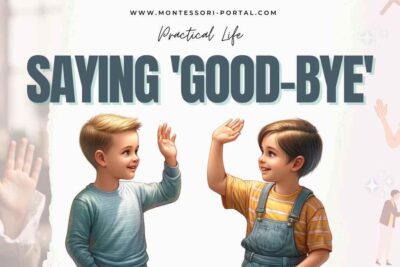 Two children saying goodbye in Montessori Practical Life activity.