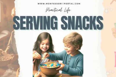 Children sharing snacks from a bowl in a Montessori Serving Snacks activity.