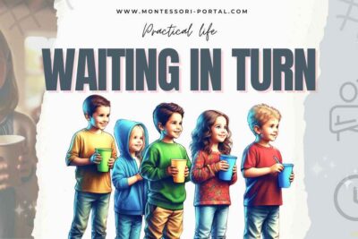 Group of diverse children holding cups, patiently waiting in line, illustrating the Montessori Practical Life skill of waiting in turn to teach patience and social order.